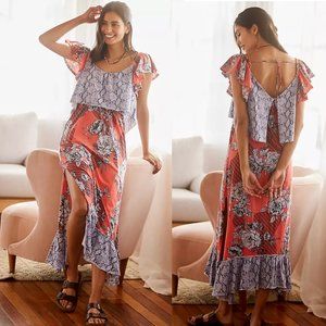 Anthropologie Coral Floral & Lavender Snake-Print Midi Dress